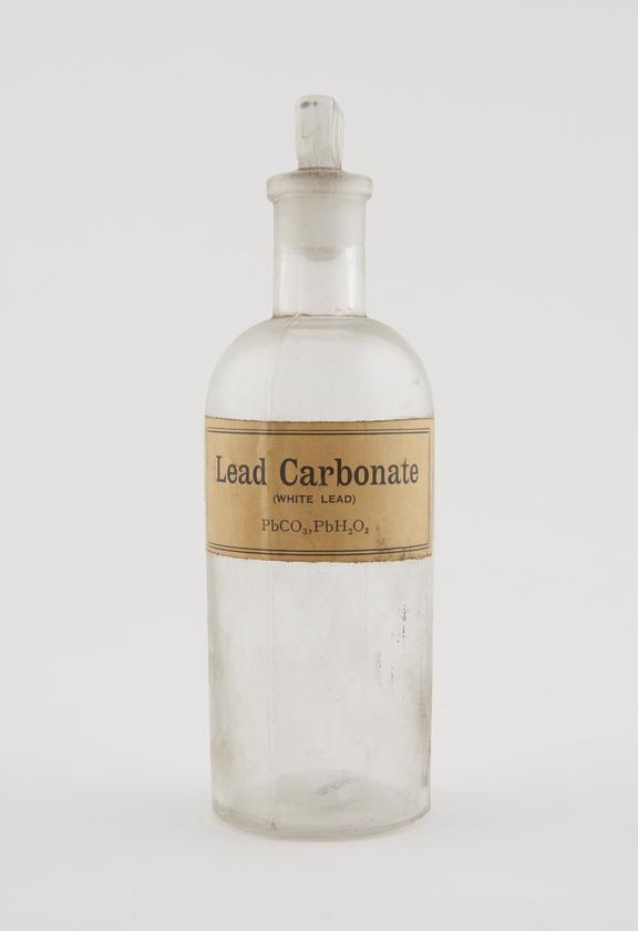 Bottle, shop round, clear glass, for lead carbonate, European