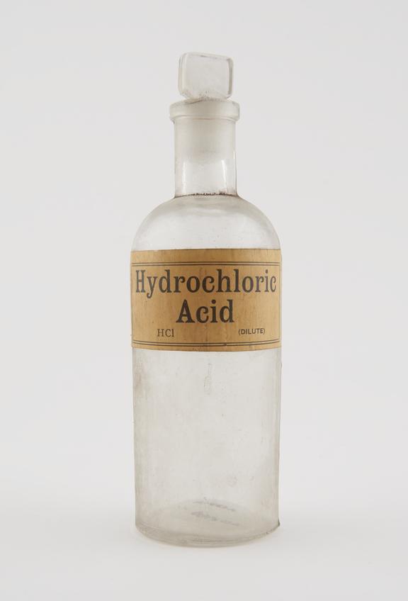 Bottle, shop round, clear glass, for hydrochloric acid