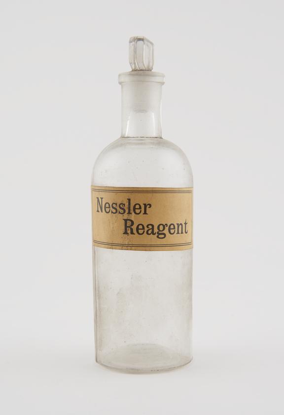 Bottle, shop round, clear glass, for Nessler reagent, European