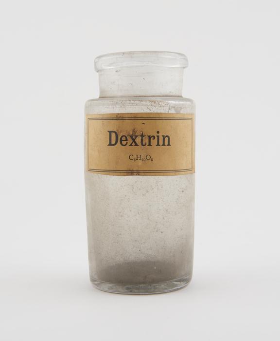 Bottle, shop round, clear glass, for dextrin, European