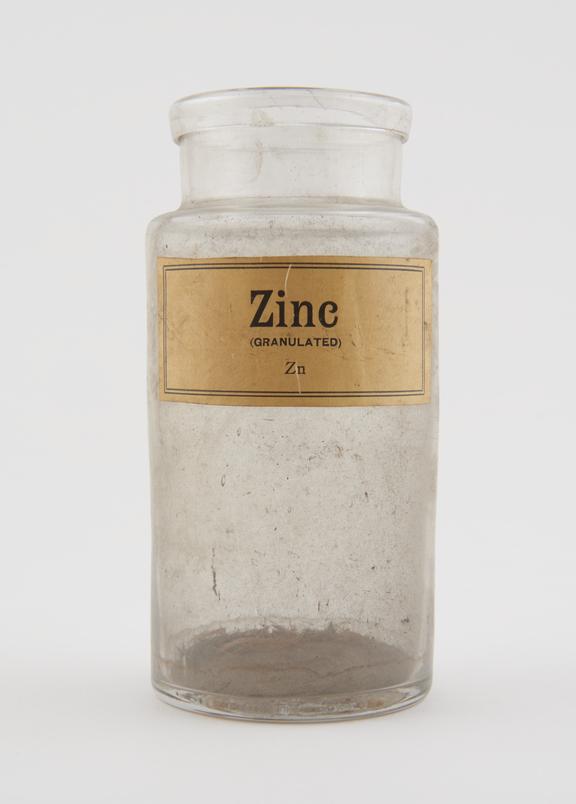 Bottle, shop round, clear glass, for granulated zinc, European