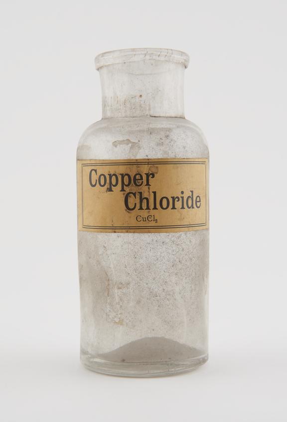 Bottle, shop round, clear glass, for copper chloride, European