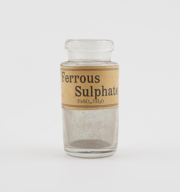 Bottle, shop round, clear glass, for ferrous sulphate, European