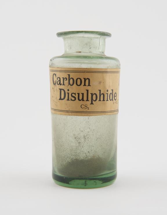 Bottle, shop round, green glass, for carbon disulphide