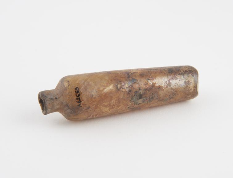 Amber glass bottle, iridescent, cylindrical, neck broken