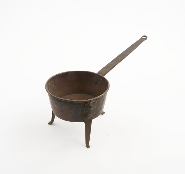 Small copper pan with 3 legs, and log flat handle, European