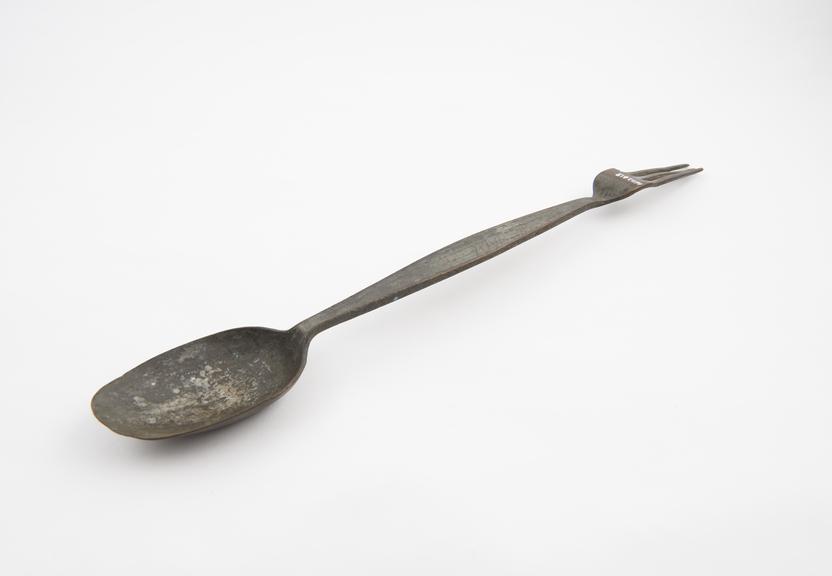 Combined spoon and fork, silver plated copper