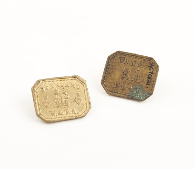 2 rectangular brass 1 dram weights, made by W. & T