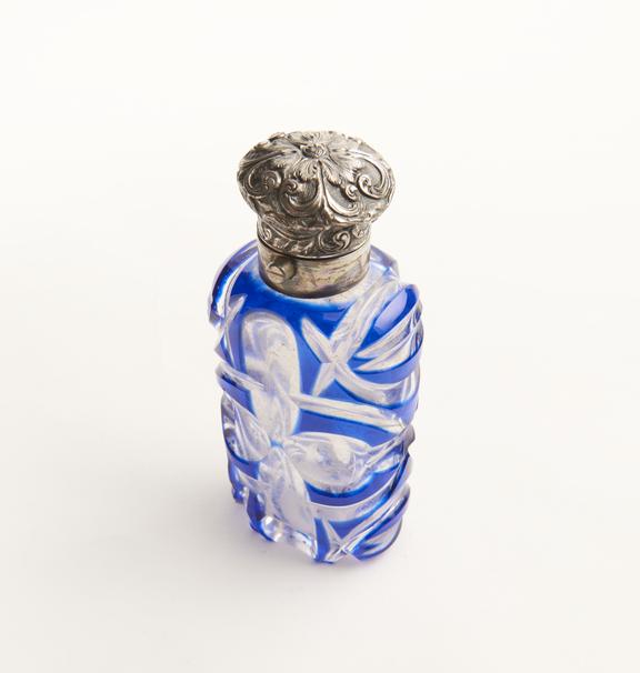 Glass perfume bottle, straight-sided body, flattened, flat base