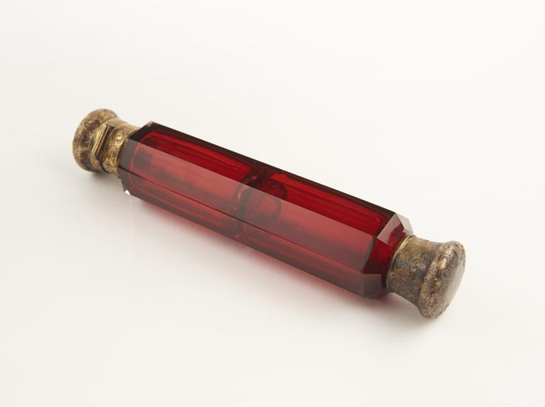 Glass perfume bottle and vinaigrette, red, cylindrical body