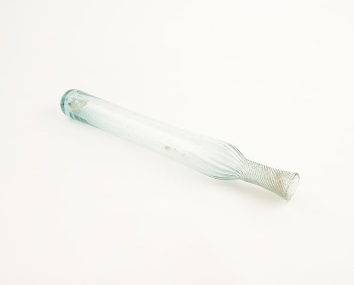 Tall eau de cologne bottle, pale blue glass, possibly Spanish