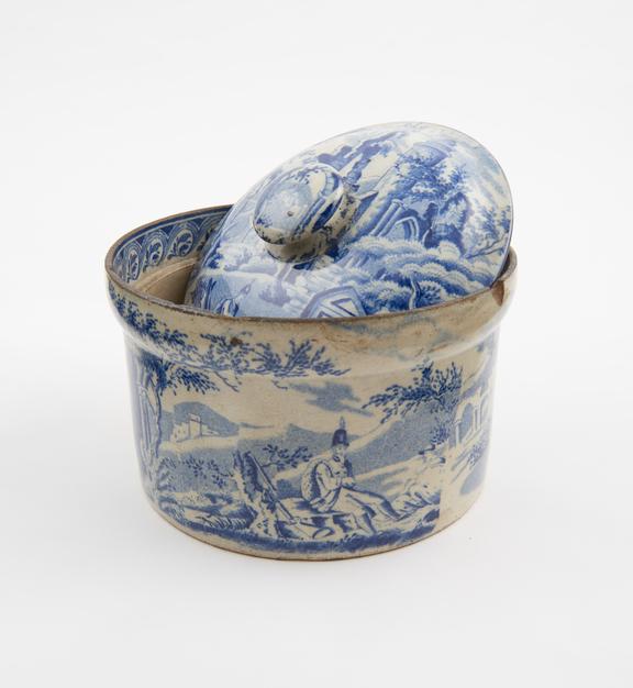 Transfer printed earthenware ointment pot, English, 1801-1850