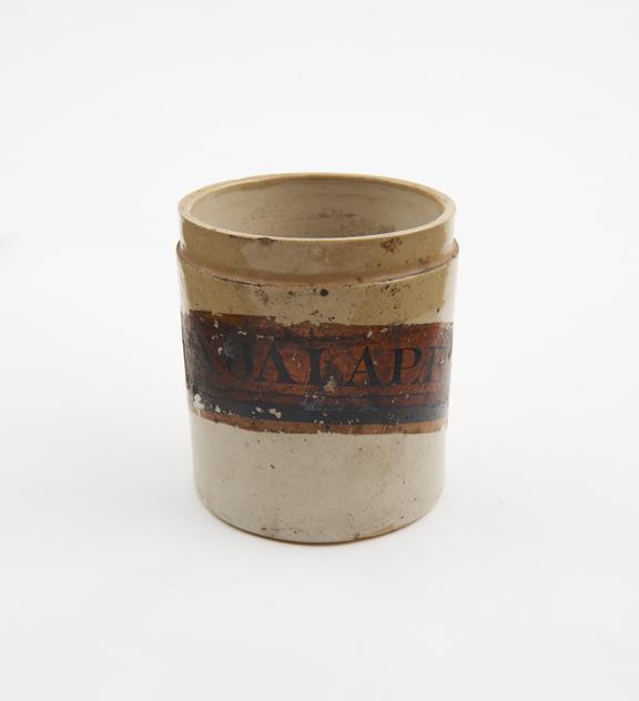 Small salt-glazed stoneware dispensing jar for extract of jalap