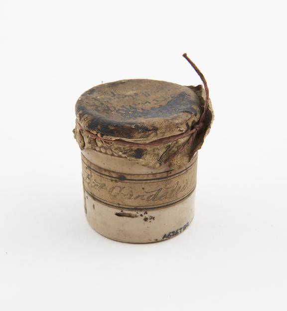 Stoneware dispensing pot, salt-glazed, with tie-on cover