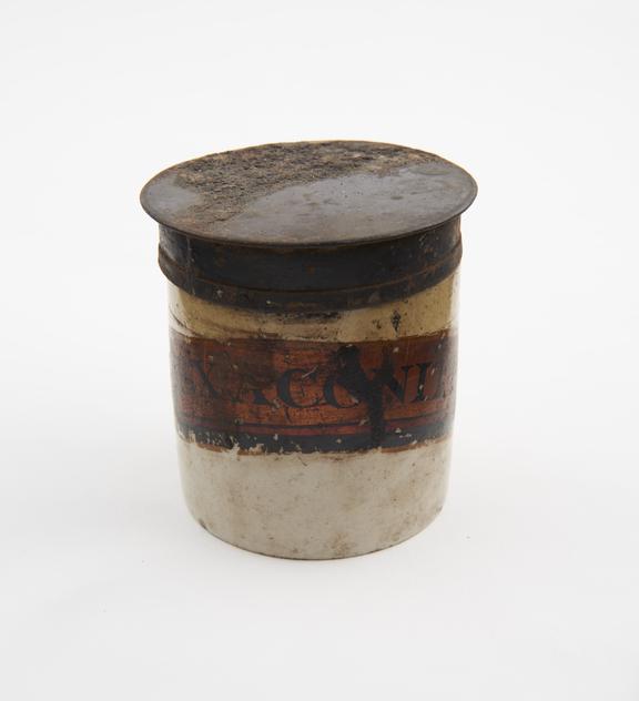 Dispensing pot, stoneware, glazed, with lid for aconite extract