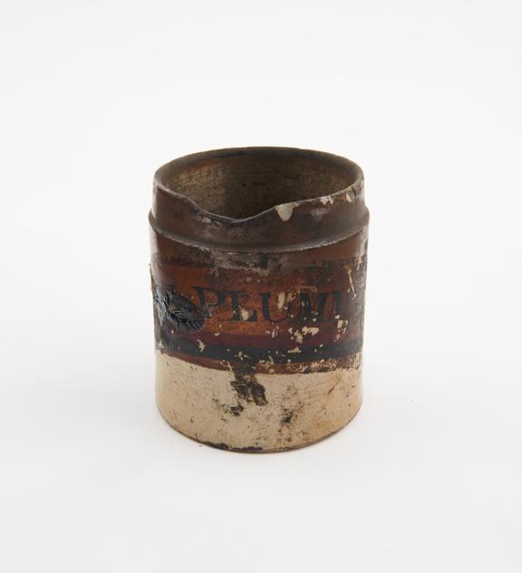 Dispensing pot, stoneware, glazed, for Plummer's Pills, English