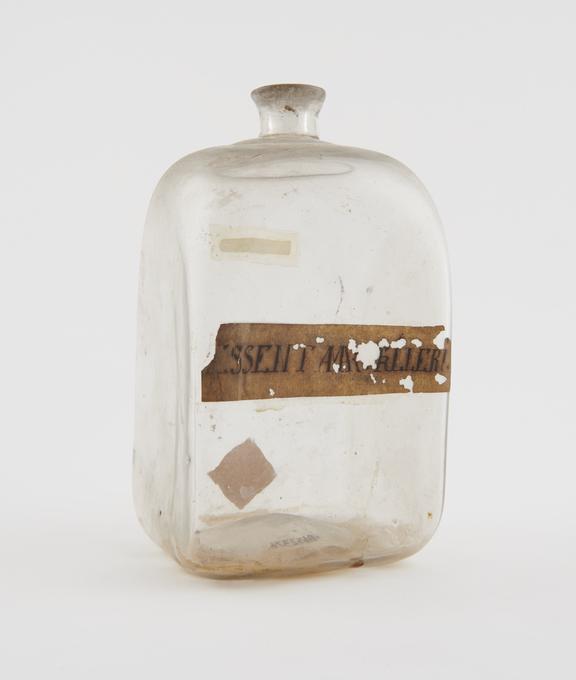 Square medicine bottle, clear glass, 18th century