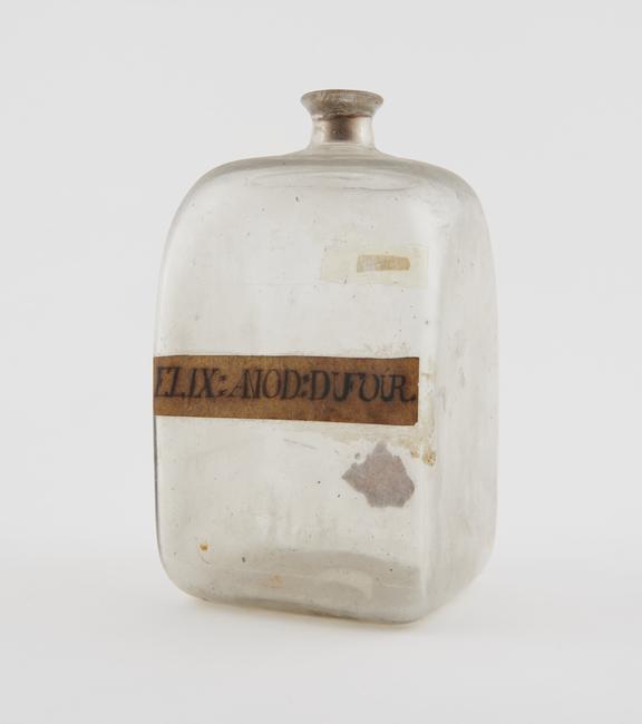 Square medicine bottle, clear glass, 18thg century