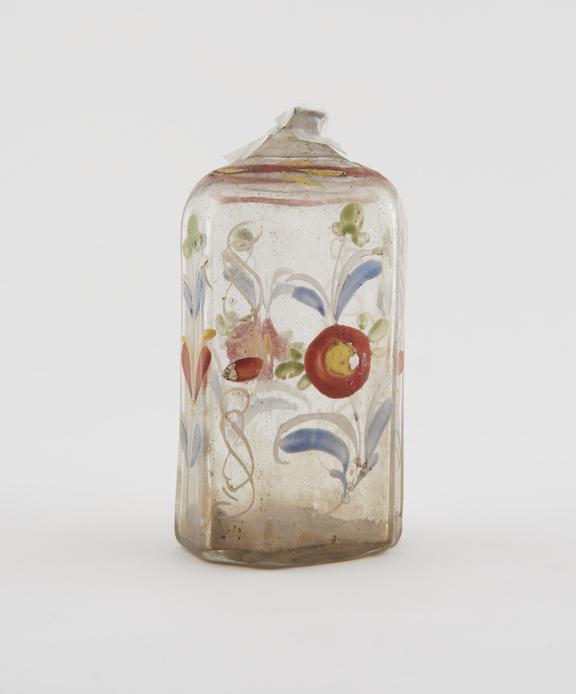 Painted clear glass storage bottle, Swiss(?), 18th century