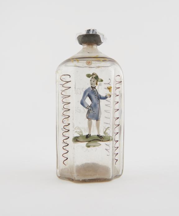 Painted clear glass liquor bottle, inscribed with toast, German