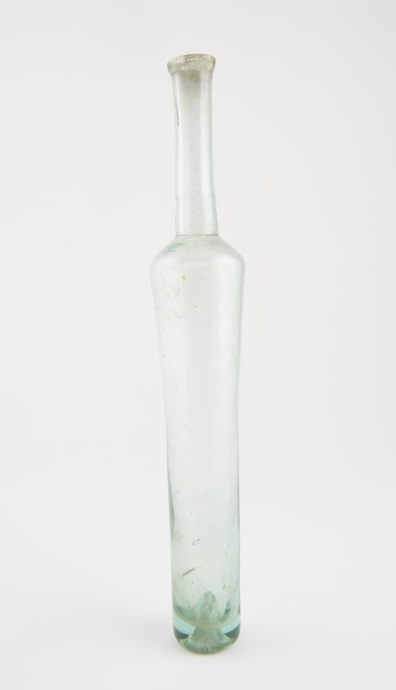 Green glass phial, elongated cylindrical shape