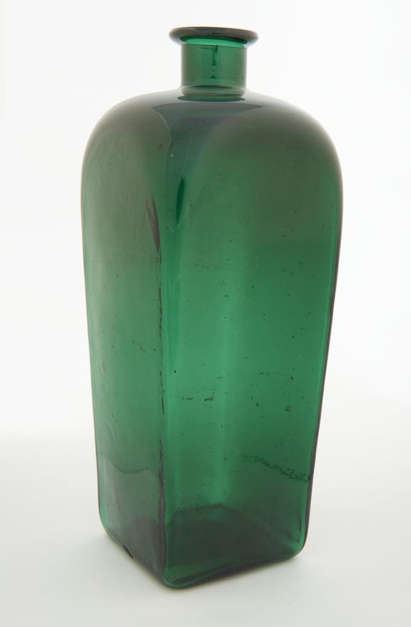 Square pharmacy bottle, green glass, probably English, 1801-1850