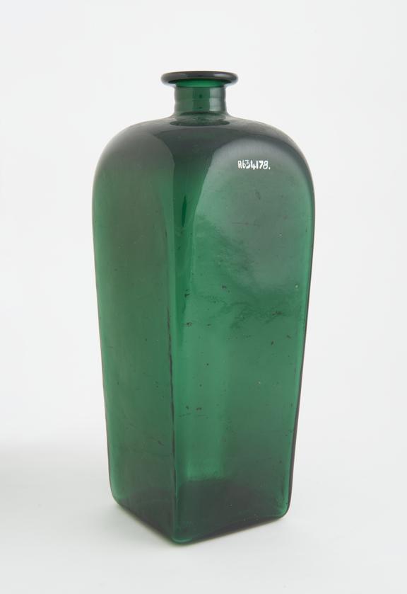 Square bottle, green glass, empty, English, 1801-1860