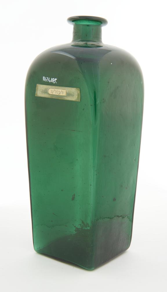 Square bottle, green glass, empty, English, 1801-1860