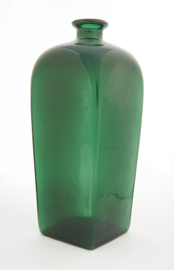 Square bottle, green glass, empty, probably English, 1751-1850