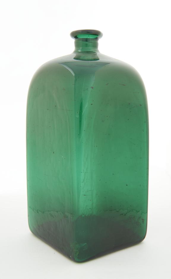 Square bottle, green glass, empty, probably English, 1800-1860