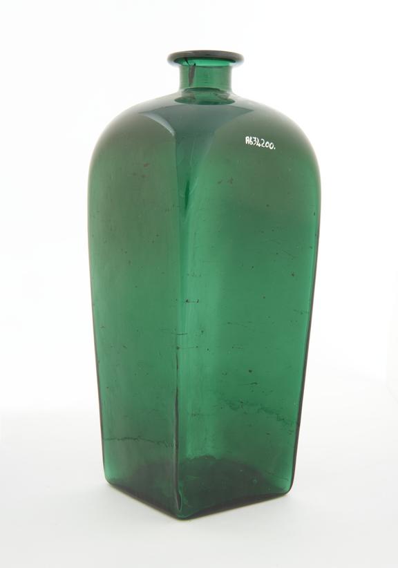 Square bottle, green glass, empty, probably English, 1800-1860