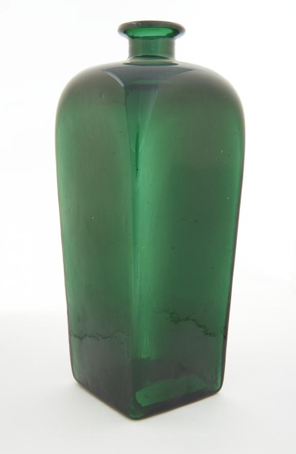 Square bottle, green glass, empty, probably English, 1750-1850