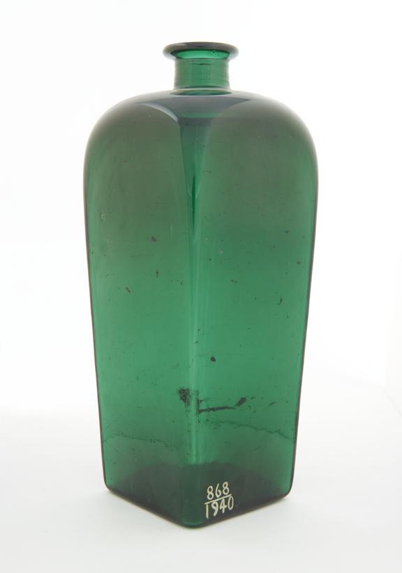 Square bottle, green glass, empty, probably English, 1800-1860