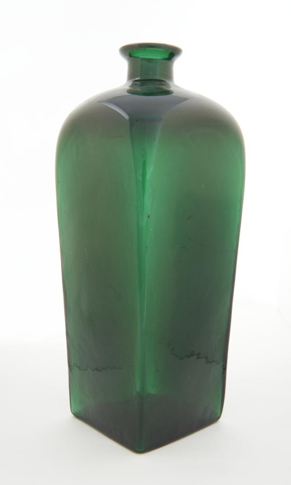 Square pharmacy bottle, green glass, probably English, 1801-1850