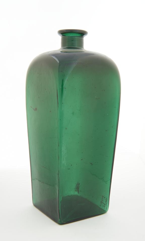 Square pharmacy bottle, green glass, probably English, 1801-1850