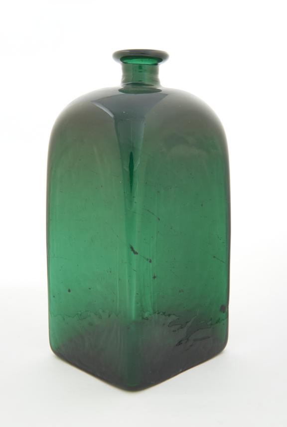 Square pharmacy bottle, green glass, probably English, 1801-1850