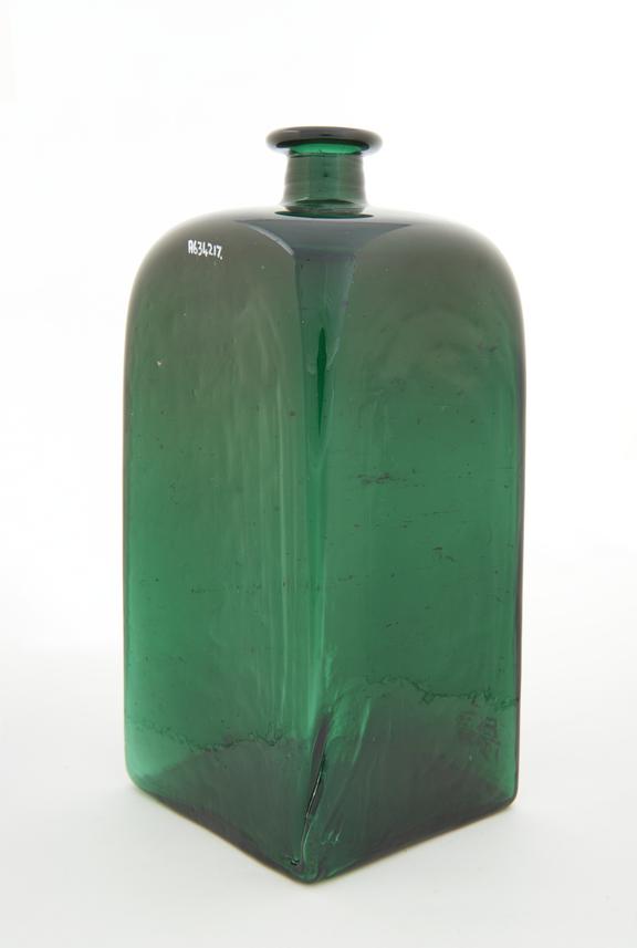 Square pharmacy bottle, green glass, probably English, 1801-1850