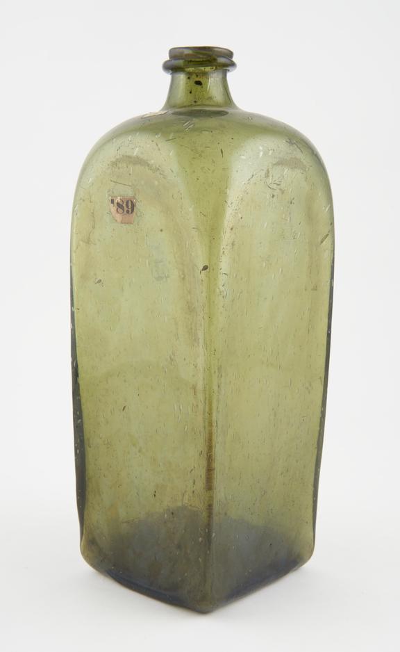 Square bottle, green glass, empty, probably English, 1801-1860