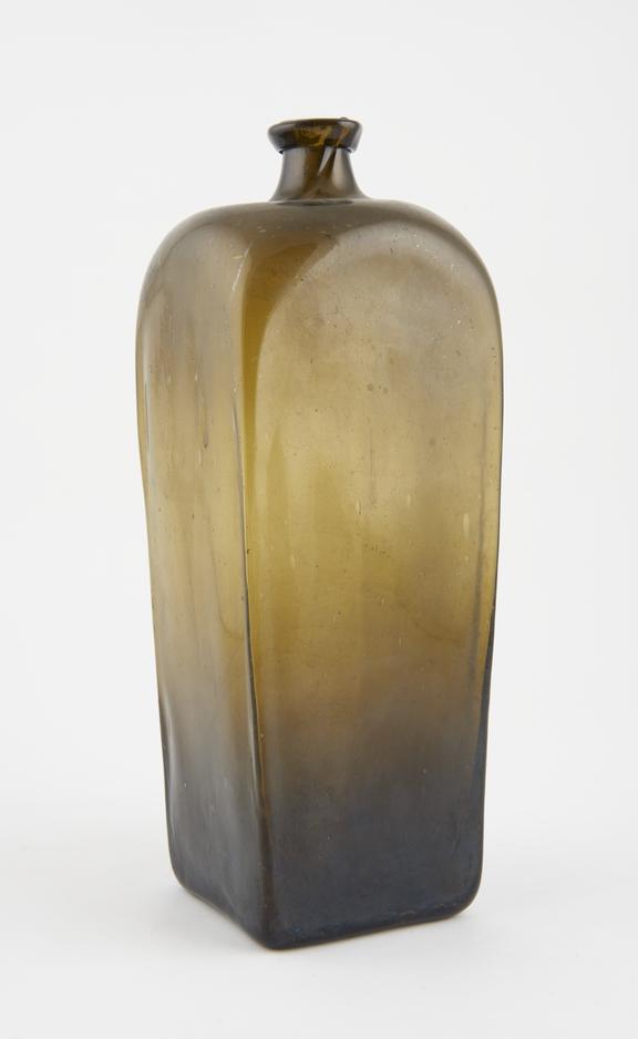 Square bottle, green glass, empty, probably English, 1801-1850