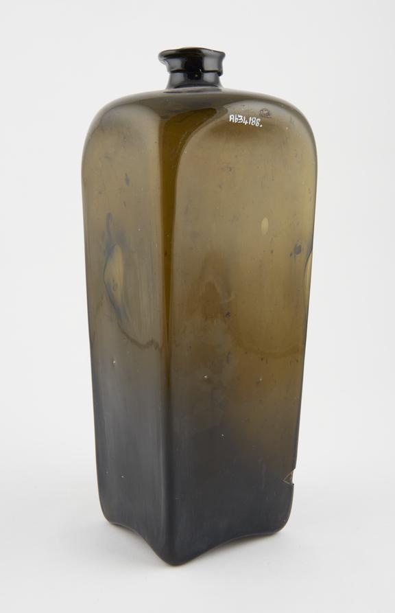 Square bottle, green glass, empty, probably English, 1751-1850