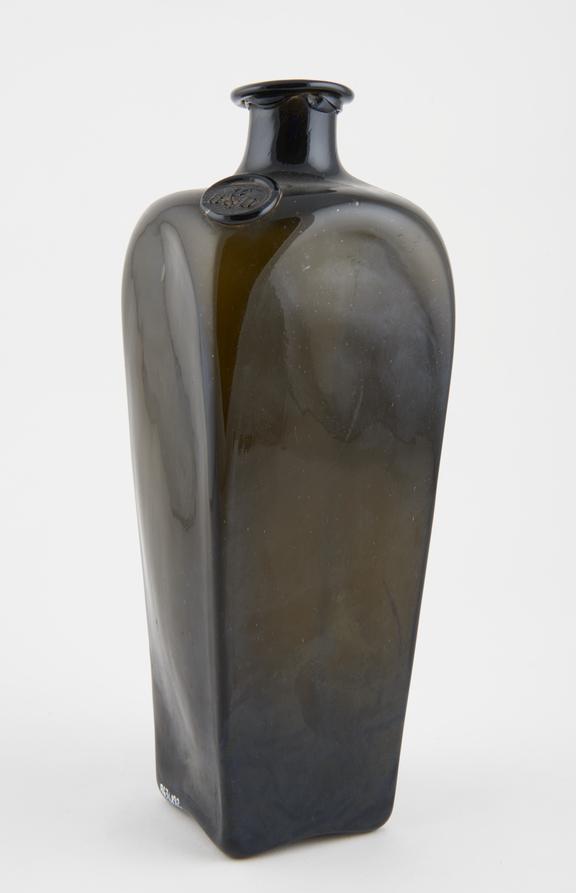 Square bottle, dark green glass, empty, probably English