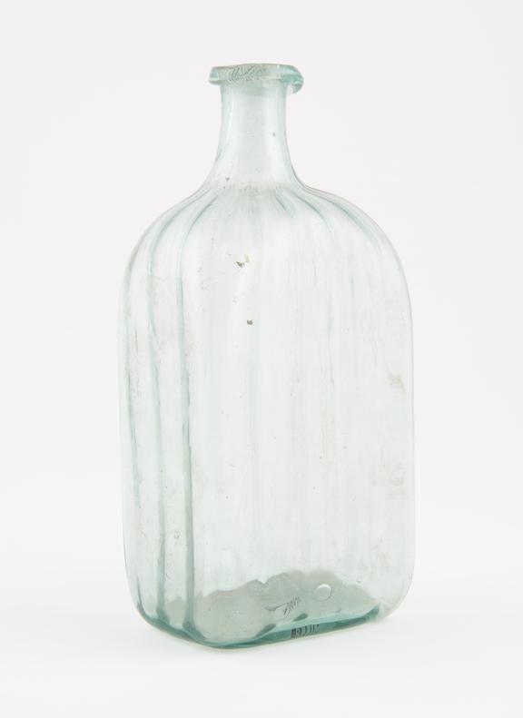 Rectangular storage bottle, aqua glass, fluted, empty