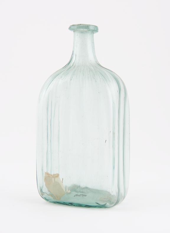 Rectangular storage bottle, aqua glass, fluted, empty