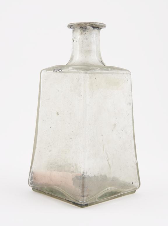 Square storage bottle, clear glass, empty, Italian