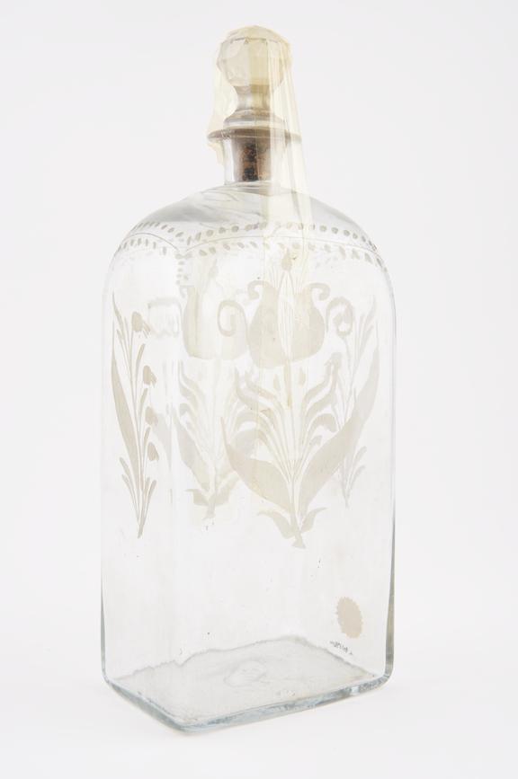 Rectangular storage bottle, clear glass, empty, reputedly Dutch