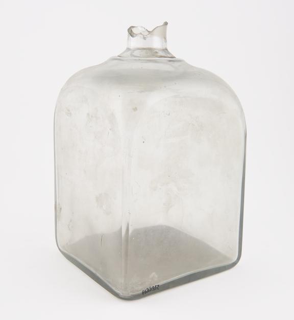 Square storage bottle, clear glass, empty, probably English