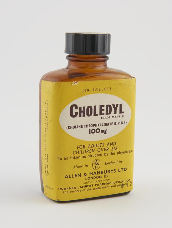 Glass phial used for Choledyl tablets, English, 1955-1970