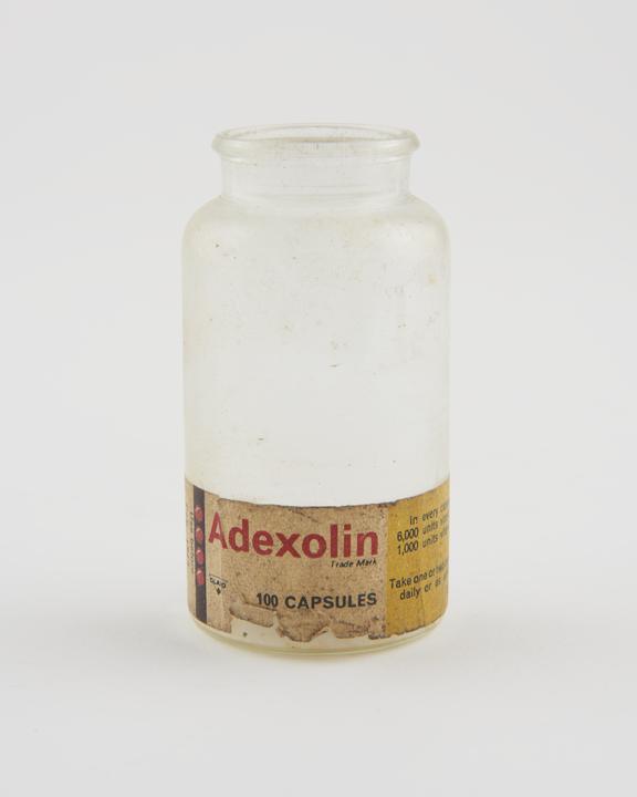 Glass phial intended for Adexolin capsules, 1945 to 1965