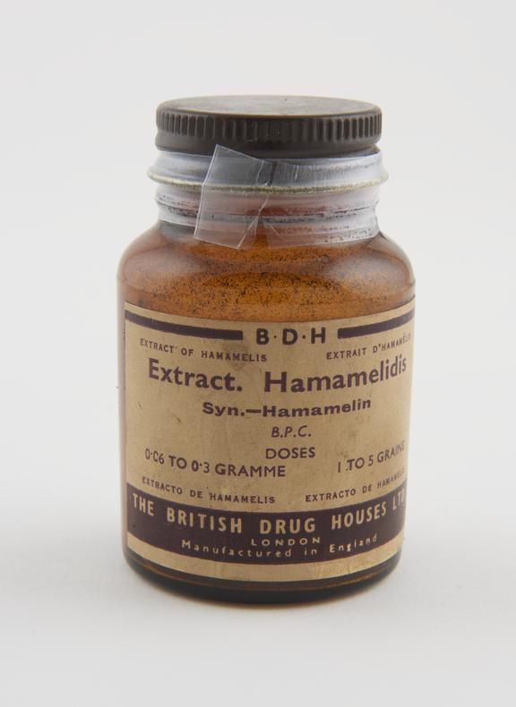 Bottle, hamamelis dry extract, made by British Drug Houses Ltd