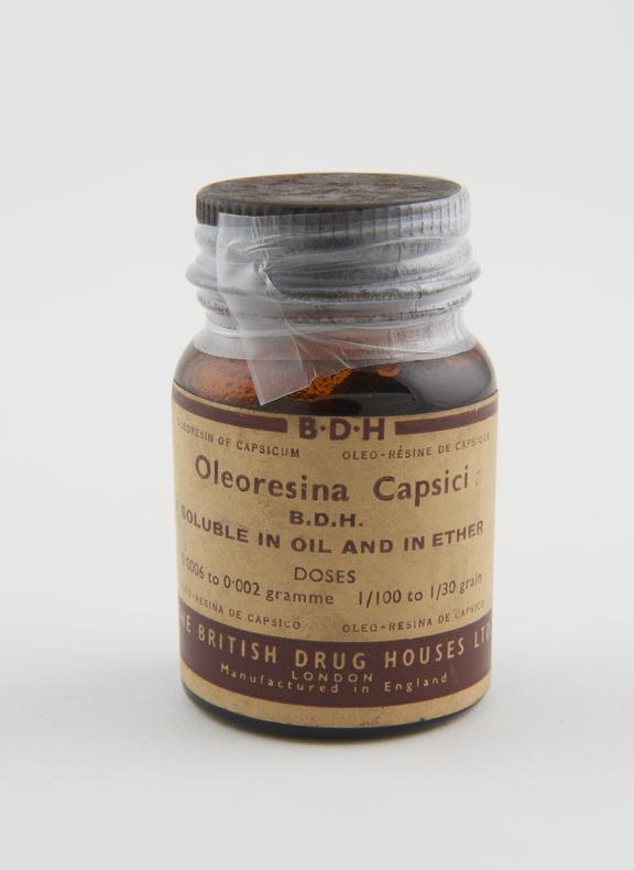 Bottle, capsicum oleoresin, made by British Drug Houses Ltd